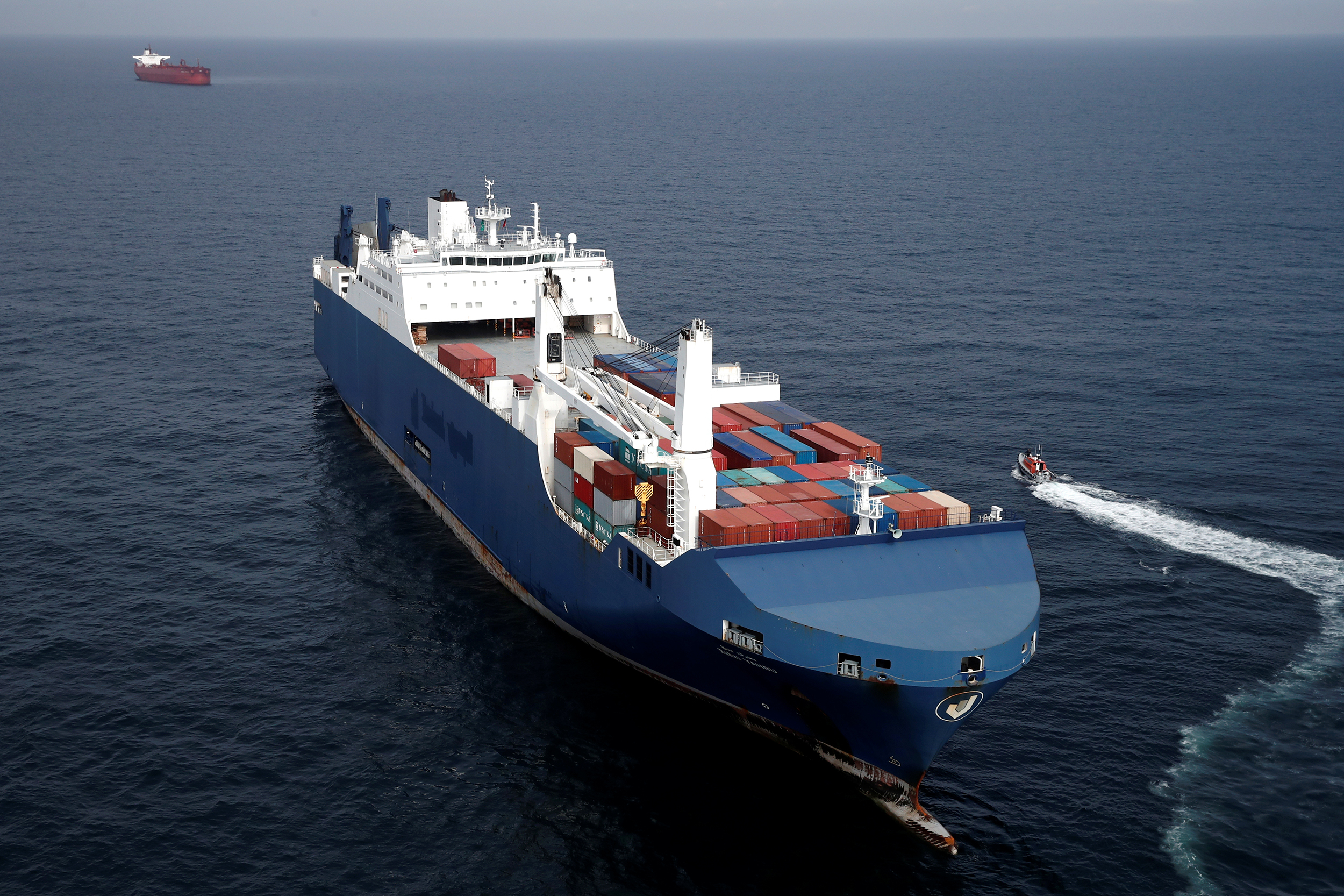 The Bahri-Yanbu, a Saudi Arabian cargo ship, waits to enter in the port of Le Havre, as human rights groups try to block the loading of weapons onto the vessel, France, May 10, 2019.